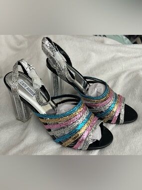 NWT Cape Robbin Womens Multicolor Glitter Lucite Heel Strappy Sandal